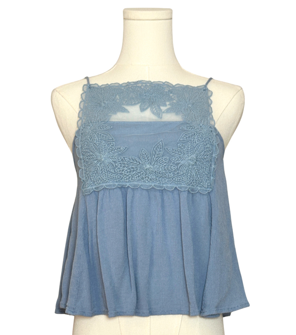 Esley Women's Cotton Lace Front Flowy Boho Spaghetti Strap Tank Blue Small